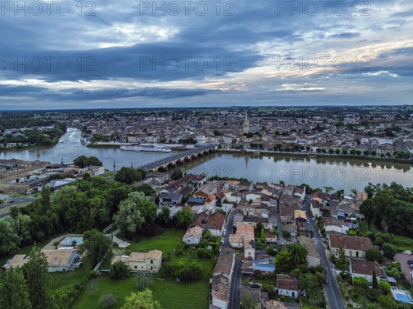 Twilight over Libourne from a drone, Gironde, Nouvelle-Aquitaine, Saint-Émilion and Pomerol, Southwestern France