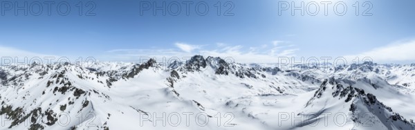 Alpine panorama, aerial view in winter at Piz Grialetsch, Albula Alps, Rhaetian Alps, Grisons, Eastern Switzerland, Switzerland, Europe