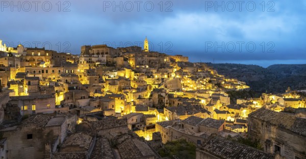 View of Matera by night, Sasso Caveoso, Basilicata, Italy, Europe