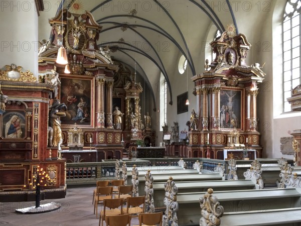 View of chancel of parish church former historic abbey church of Corvey Imperial Abbey dedicated to St Stephen and St Vitus, Corvey Abbey, Höxter, North Rhine-Westphalia, Germany, Europe