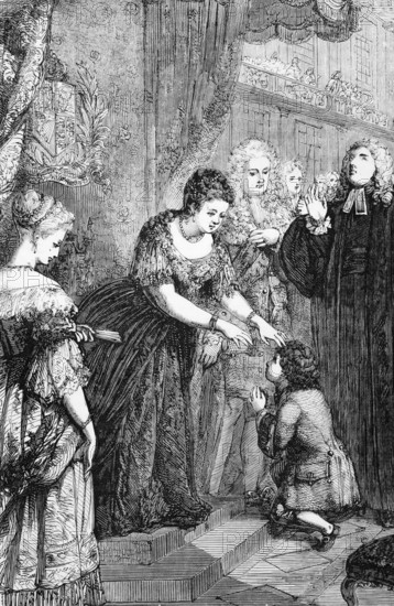 The young Samuel Johnson received the royal warrant from Queen Anne at St James's Palace on 30 March 1712. He had probably contracted scrofula, which was known at the time as the royal malady, England, digital reproduction of a historical model