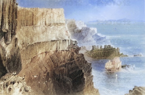 Plaiskin Cliff near the Giant's Causeway, County Antrim, Ireland, from the Scenery and Antiquities of Ireland, 1841, digital reproduction of a historical model, Europe