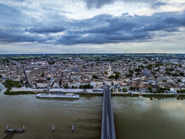 Twilight over Libourne from a drone, Gironde, Nouvelle-Aquitaine, Saint-Émilion and Pomerol, Southwestern France