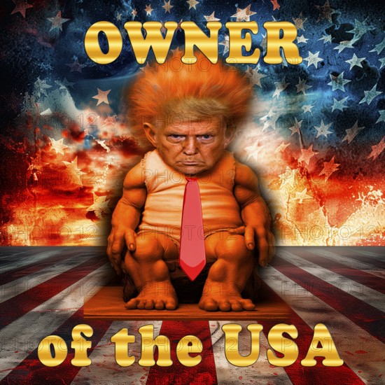 Symbolic image, Trump as gnomish owner of the USA, tront on high chair, Bitcoin king, kleptocracy, price development, law denier, uverlose tariffs, Bitcoin questionable due to extreme energy demand, stock market prices, insecure digital currency, resources, energy, industry, economy critical, stock market hype, stock market crash, payment, insolvency, wrong decisions, maximum profit, profit slump, share prices, Germany as a business location, global economy, globalisation, environmental protection, mafia, Trump government, Bitcoin rally, cryptocurrency, electronic wallet, crypto reserve, stock market trading