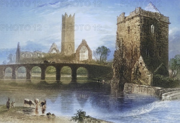 Clare Abbey, Galway, Ireland, from the Landscape and Antiquities of Ireland, 1841, digital reproduction of a historical model, Europe