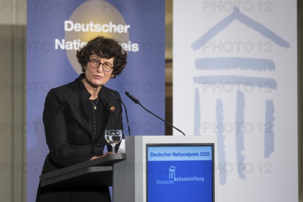 Özlem Türeci (founder of Biontech SE) gives an acceptance speech after receiving the German National Prize 2025 at the Französische Friedrichstadtkirche, Berlin, on 10 June 2025