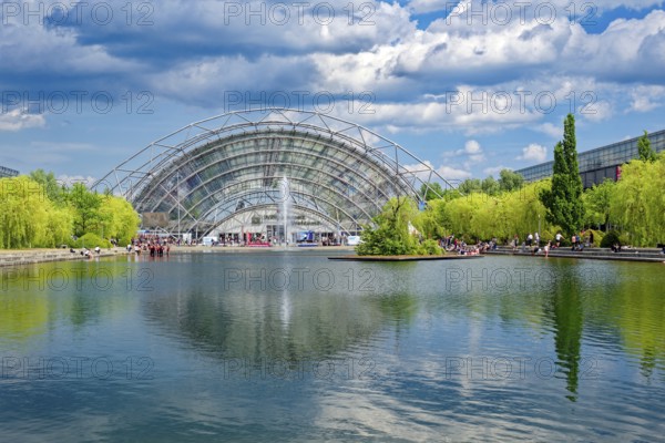 New Leipzig Trade Fair Centre, Leipzig Trade Fair, with glass entrance hall and water basin, trade fair complex, exhibition grounds, glass dome, event, trade, exhibition, Leipzig, Saxony, Germany, Europe