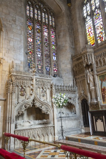Stained glass windows and memorial tombs in chancel of Church of Saint Mark, Bristol, England, UK
