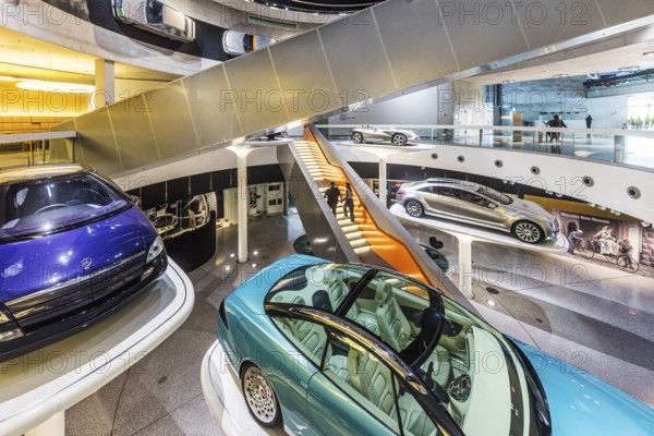 The Mercedes-Benz Museum in Stuttgart presents a journey through the automotive history of the global corporation. The history of the Mercedes star begins with the first automobile in 1886. 160 vehicles are on display. Stuttgart, Baden-Württemberg, Germany, Europe