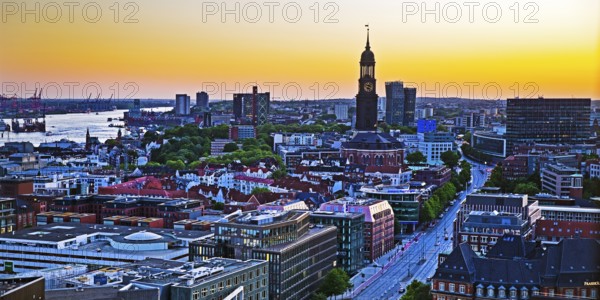 City view from above with the harbour and the main church St. Michaelis at atmospheric sunset, Hamburg, Germany, Europe
