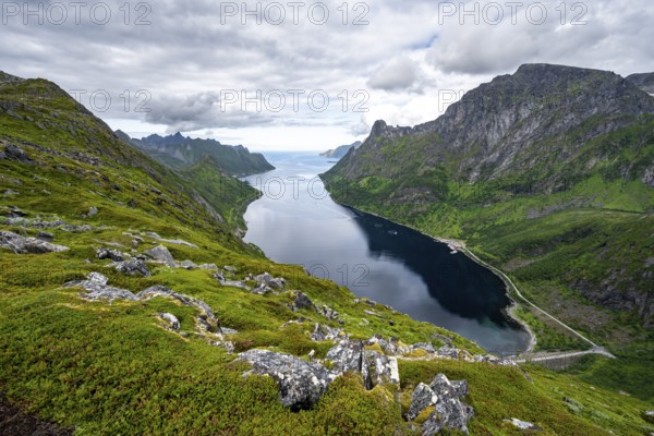 View of Øyfjorden fjord and mountains, fjord landscape with mountain peaks, hike to Barden mountain, Senja, Norway, Europe