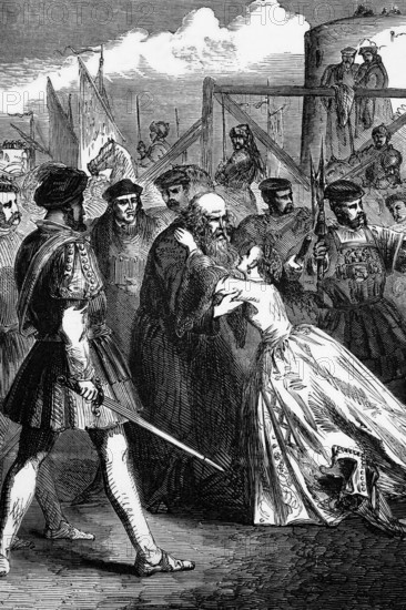 Margaret Roper, the daughter of Sir Thomas More, with her father shortly in front of his execution on 6 July 1535. He was an English lawyer, philosopher, author, statesman and Renaissance humanist who became Lord Chancellor from 1529 to 1532. He was an opponent of the Protestant Reformation and opposed King Henry VIII during the conflict for supremacy between the papacy and the king, England, digital reproduction of a historical model