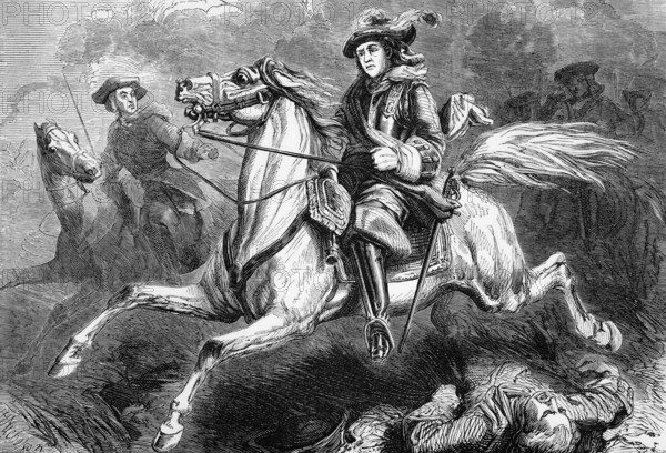 George II at the Battle of Dettingen, which took place on 27 June 1743 during the War of the Austrian Succession in Bavaria. It was the last time that a British monarch personally led his troops into battle, digital reproduction of a historical model