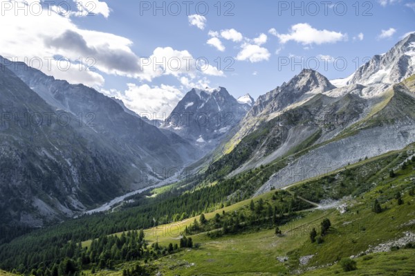 Picturesque mountain landscape, mountain valley with mountain peak Mont Collon, Arolla, Valais, Western Alps, Switzerland, Europe