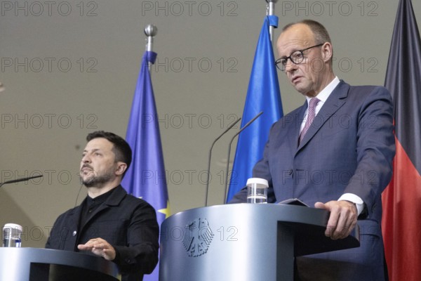 Berlin, Germany - 28.5.2025: Volodymyr Zelensky (President of Ukraine, l.) and Friedrich Merz (Chancellor of the Federal Republic of Germany, r.) answer questions from journalists during a question and answer session at a press conference in the Chancellery