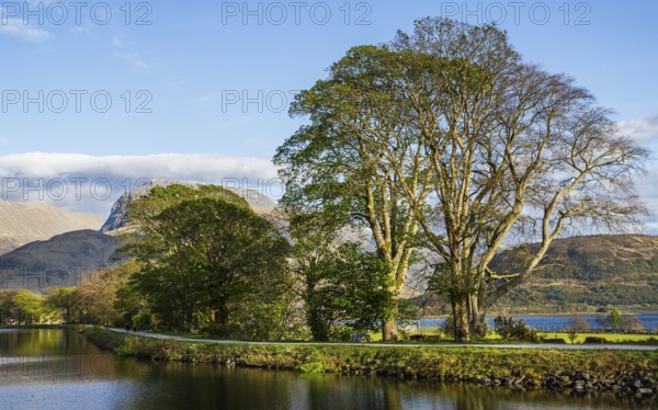 Caledonian Canal, Caol Beach and Nevis Range Mountains, Corpach, Fort William, Highland, Scotland, UK