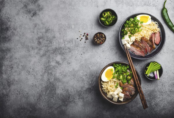 Two bowls of tasty Asian noodle soup ramen with broth, tofu, pork, egg on grey rustic concrete background, space for text, close up, top view. Hot tasty Japanese ramen soup for dinner with copy space