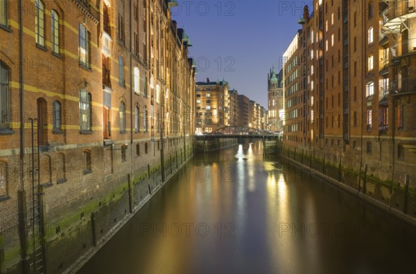 Old warehouses in the Speicherstadt in Hamburg by night