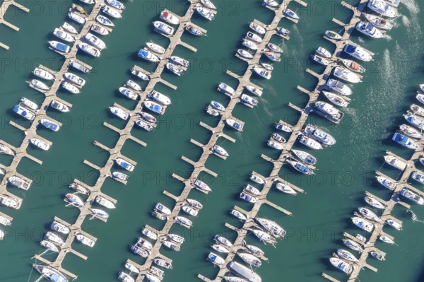 Overhead view of a marina on the Oregon coast
