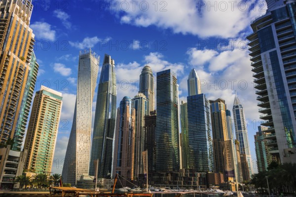DUBAI, UNITED ARAB EMIRATES - FEB 5, 2019: Modern residential architecture of Dubai Marina, United Arab Emirates, Asia