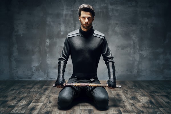 Warrior man sitting on floor posing with a sword over black background