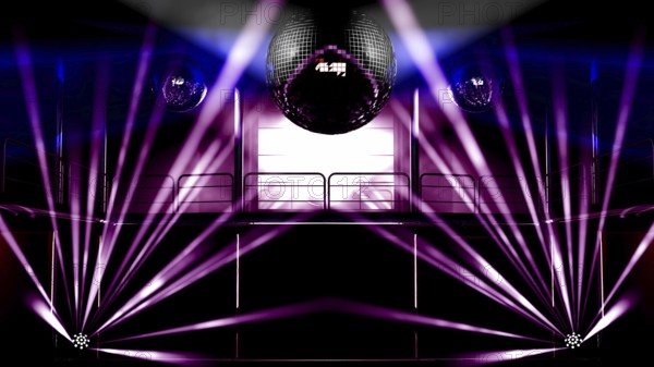 Night club interior with colorful spot lights, lasers and shining mirror disco balls artistic light show