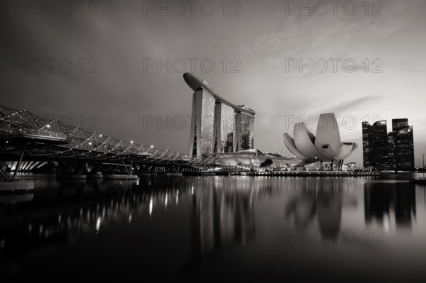 Marina Bay Sand area and Helix Bridge at dusk on a clear day on November 24th 2019