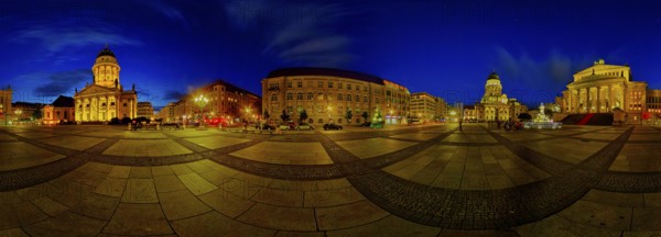 A 360 degree panorama of Berlin's Gendarmenmarkt. On the left the German Cathedral, in the middle the Berlin Brandenburg Academy of Sciences, half-right the French Cathedral and on the right the Berlin Concert Hall. The picture shows the square in a night shot