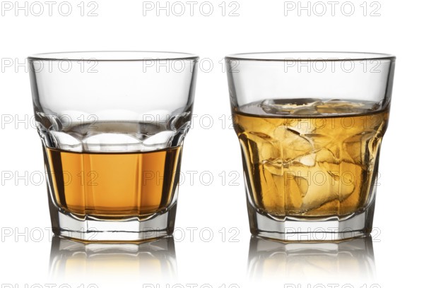 Glass of whisky and ice isolated white background