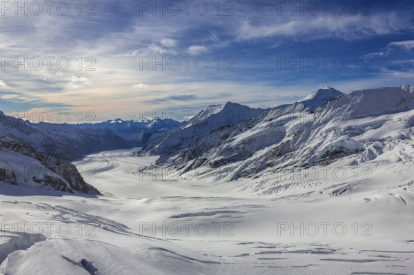 Panoramic view of the Great Aletsch Glacier, Switzerland, Europe