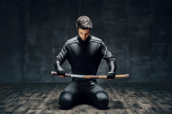 Warrior man sitting on floor posing with a sword over black background