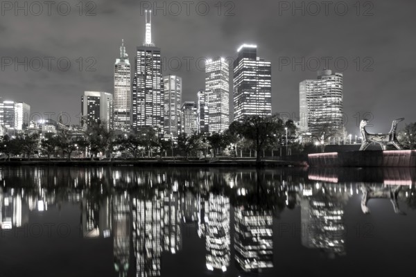 Melbourne, Australia, April 24, 2015: Skyline view over the Yarra River in black and white, Oceania