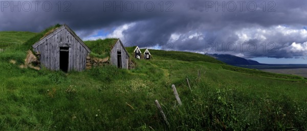 Typical wooden huts with grass on the roofs, Iceland, Typical wooden huts with grass on the roofs, Iceland, Europe, Panorama, Landscape, Horizontal, Europe