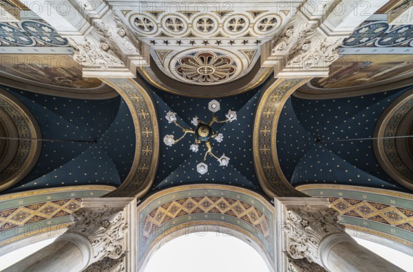 Athens Old Town, Attica, Greece, 12 28 2019 Decorated ceiling and pillars of the entrance of the Metropolitan Cathedral of Athens, Europe