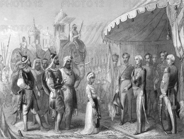 The submission of the young Maharaja Duleep Singh to Sir Henry Hardinge at the end of the 1st Sikh War on engraving from 1846. Drawn and engraved by H.K.Browne