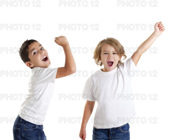 Excited children kids happy screaming and winner gesture expression on white