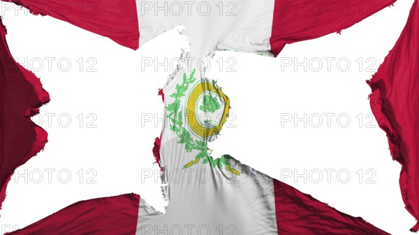 Destroyed Raleigh city, capital of North Carolina state flag, white background, 3d rendering