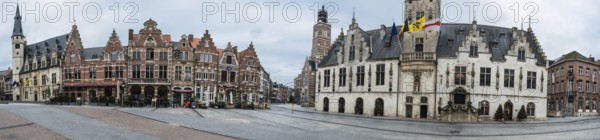 Belgium, 12 08 2018: Extra large panorama of the medieval facades and town hall at the old market square, Europe