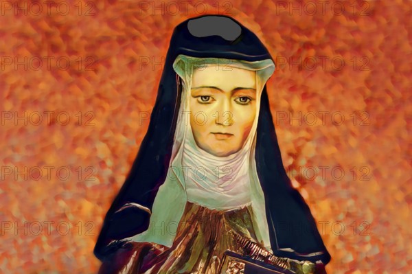Figure of Hildegard of Bingen, Sibyl of the Rhine, 1098 – 1179, German Benedictine abbess and polymath, digitally edited