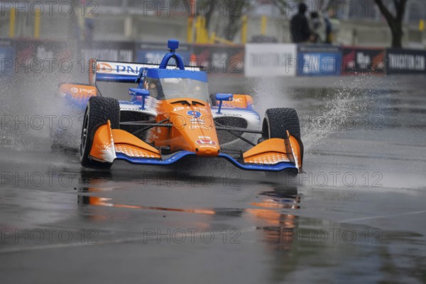 INDYCAR Series driver, SCOTT DIXON (9) of Auckland, New Zealand, travels through the turns during a wet and dangerous practice session for the Big Machine Music City Grand Prix at Streets of Nashville in Nashville TN, Oceania