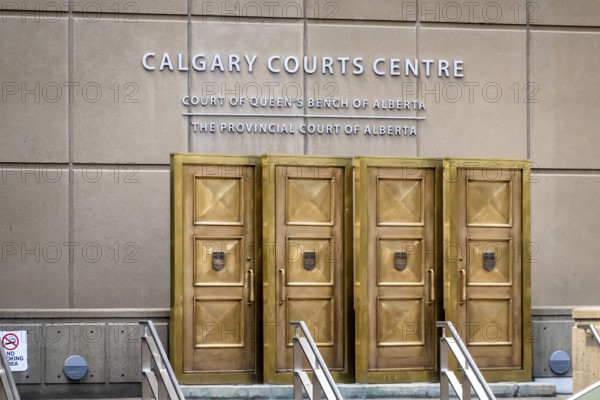 Calgary, Alberta, Canada. Jun 4, 2023. Calgary Courts Centre. The doors were intended to symbolize the passage into a building wherein Justice would be dispensed in accordance with the Rule of Law