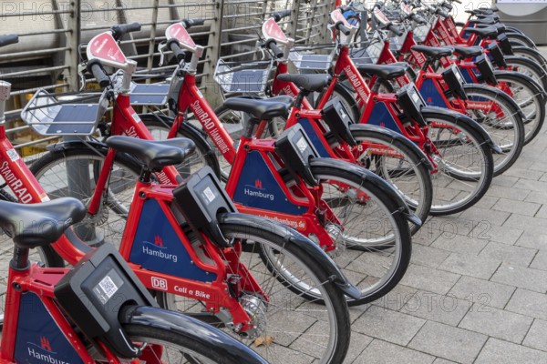 Symbolic image mobility, traffic turnaround, local transport, city bike, Deutsche Bahn rental bikes in Mönckebergstraße in front of the main railway station in the city centre of Hamburg, Germany, Europe