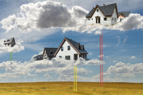 Houses on the clouds and ladders. Abstract concept for smart houses and cloud networks. New build houses