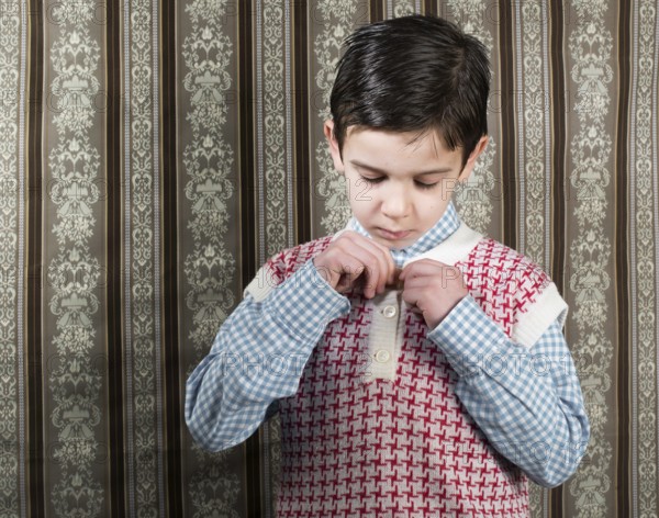 Smiling child dress vintage clothes. Close up shot