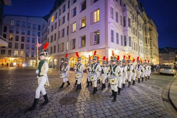 The world champion of marching bands, the Radeberger Spielmannszug, opens the Dresden Winter Festival with a parade, Dresden, Saxony, Germany, Europe
