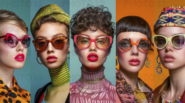 Five women in retro fashion with vibrant colors and bold patterns, wearing sunglasses and stylish hats