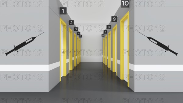 Corona virus vaccination center doors. 3D illustration