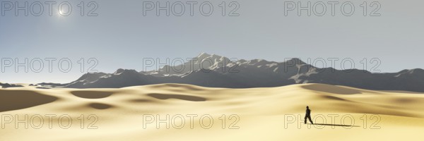 A lonely man in the dry sunset desert. 3D illustration