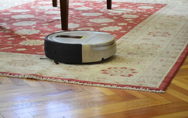 Automatic cleaning with robot vacuum cleaner on rug and hardwood floor