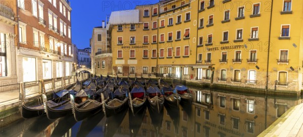 Bacino Orseolo, gondola car park, blue hour in the morning, panoramic shot, Venice, Italy, Europe